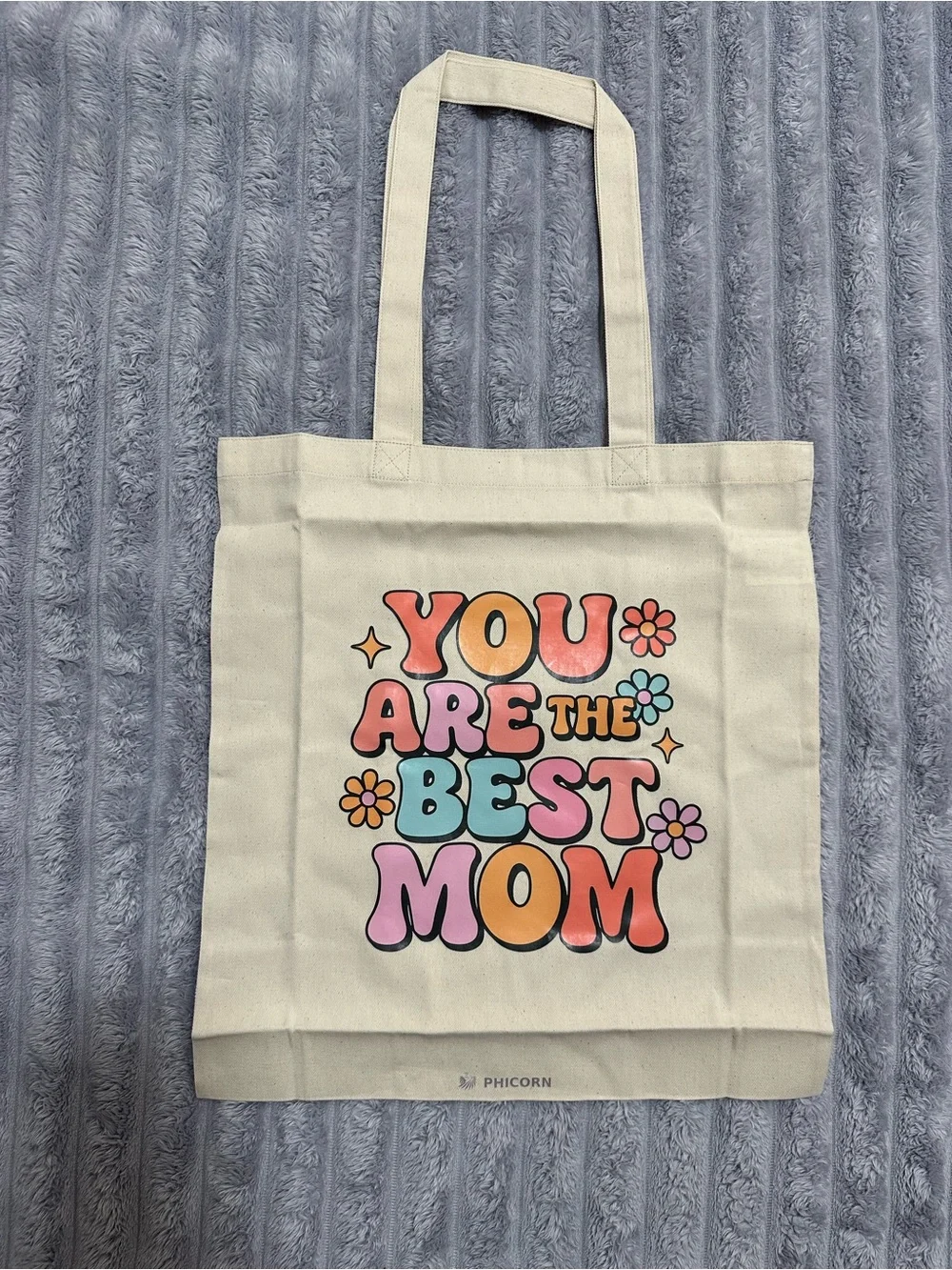 Cream Canvas Mom Tote with Retro Rainbow Text